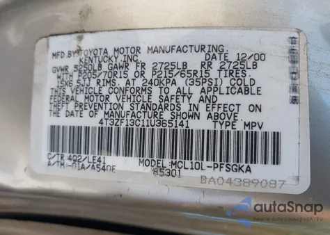 2001 Toyota Sienna Le/Xle из США, поврежденный, VIN 4T3ZF13C11U365141